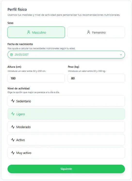 Formulario de onboarding automático en tarjeta principal